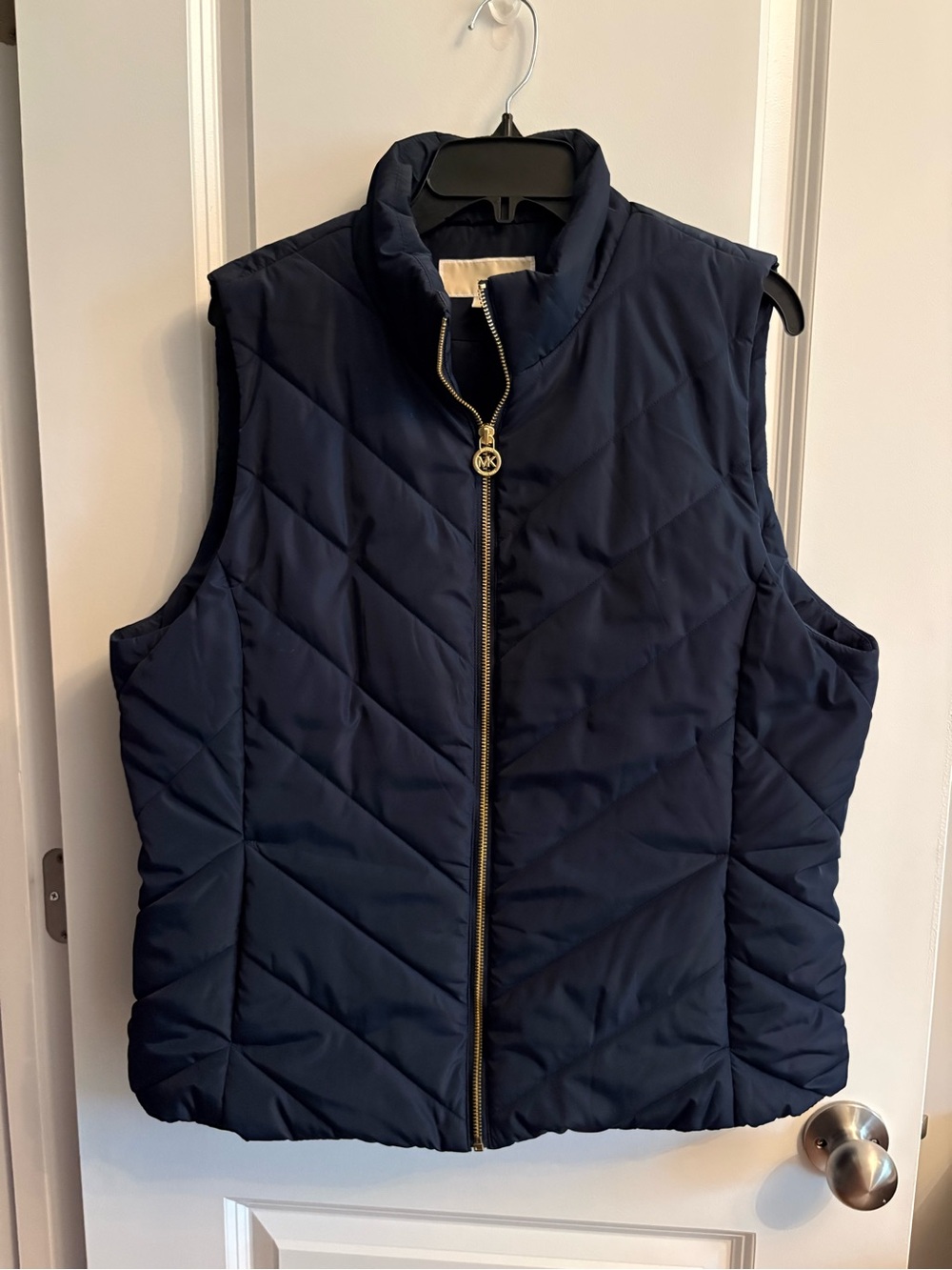 MICHAEL Michael Kors Navy Quilted Puffer Vest with Gold MK Zipper